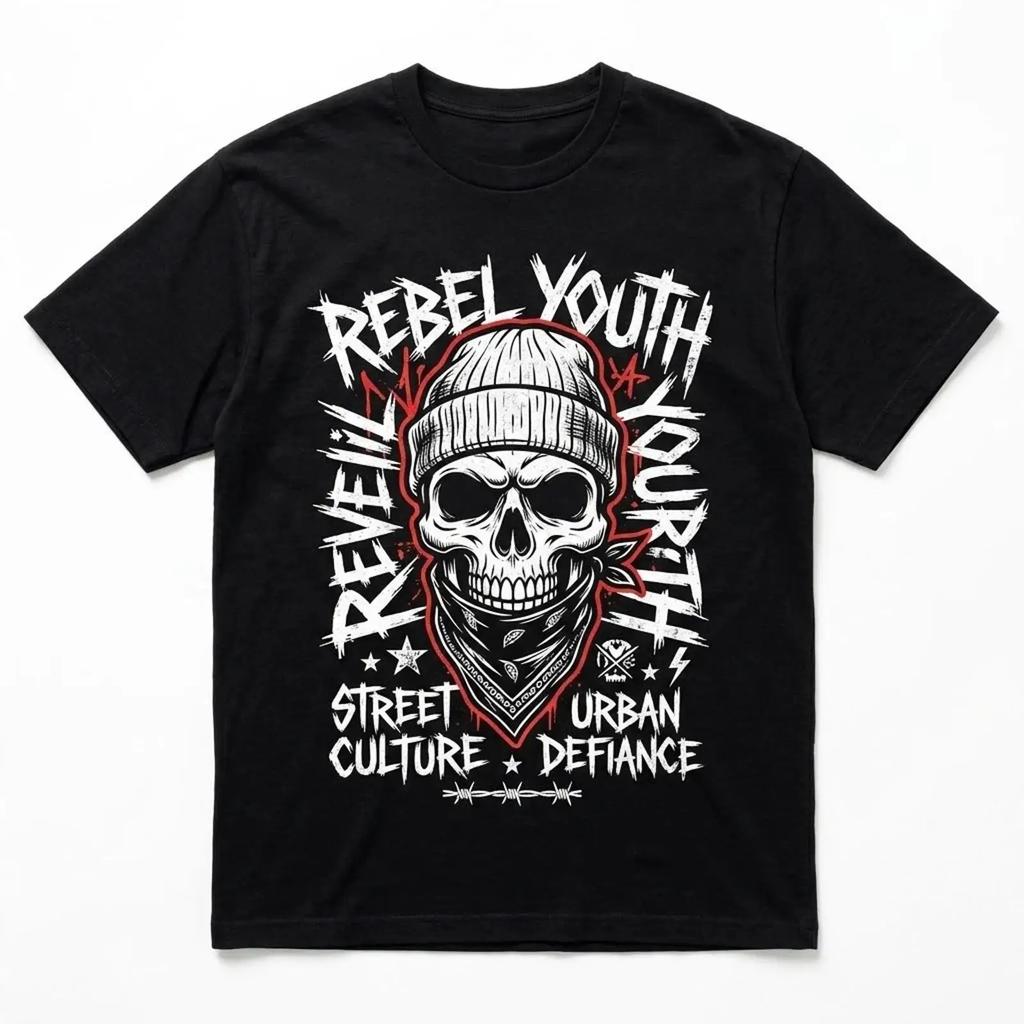 Rebel Youth Urban Defiance Skull T Shirt Street Culture Apparel vintage Washed homme fashion designer clothes Stylish