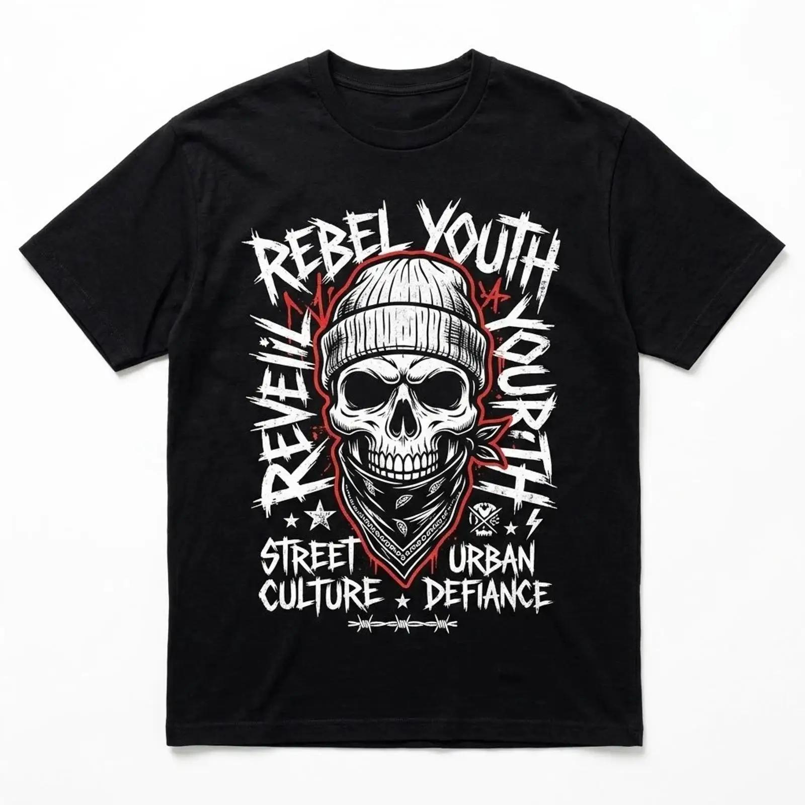 

Rebel Youth Urban Defiance Skull T Shirt Street Culture Apparel vintage Washed homme fashion designer clothes Stylish S разноцветный