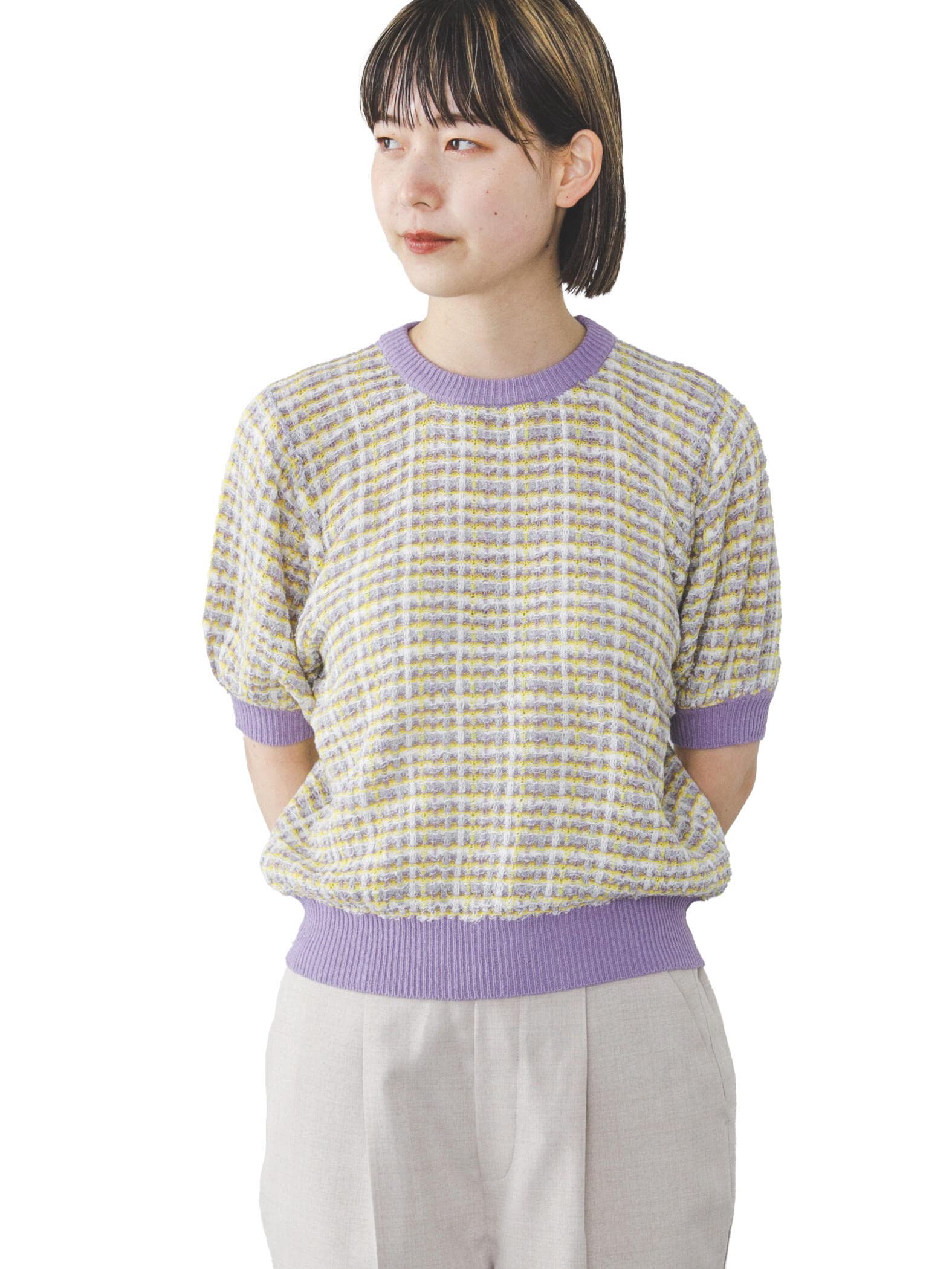 

Жилет в разноцветную клетку Вязаный БЕСПЛАТНО [Beams Heart] S/S Knit_Knit Женский LT.PURPLE