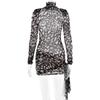 Women's Mock Neck Long Sleeve Mini Dress Slim Fit High Waist Sexy Leopard Print Mesh Tie Side Bodycon Dress