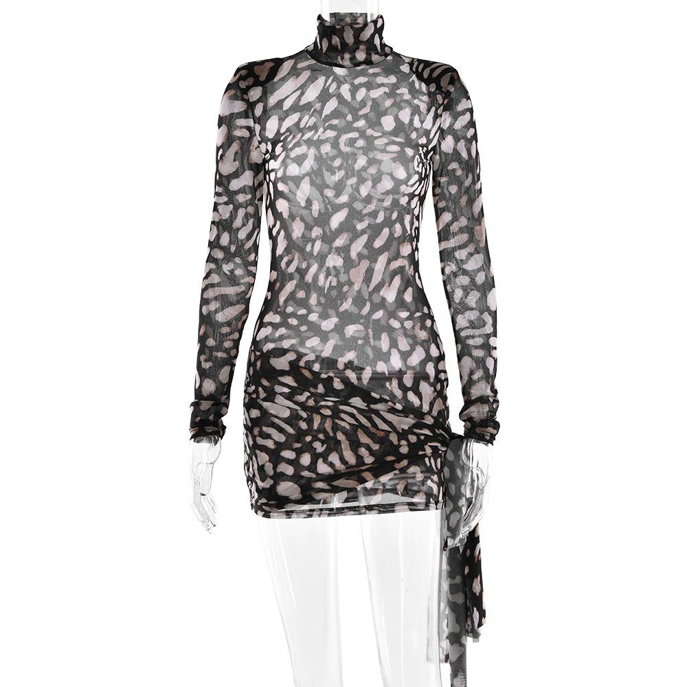 Women's Mock Neck Long Sleeve Mini Dress Slim Fit High Waist Sexy Leopard Print Mesh Tie Side Bodycon Dress