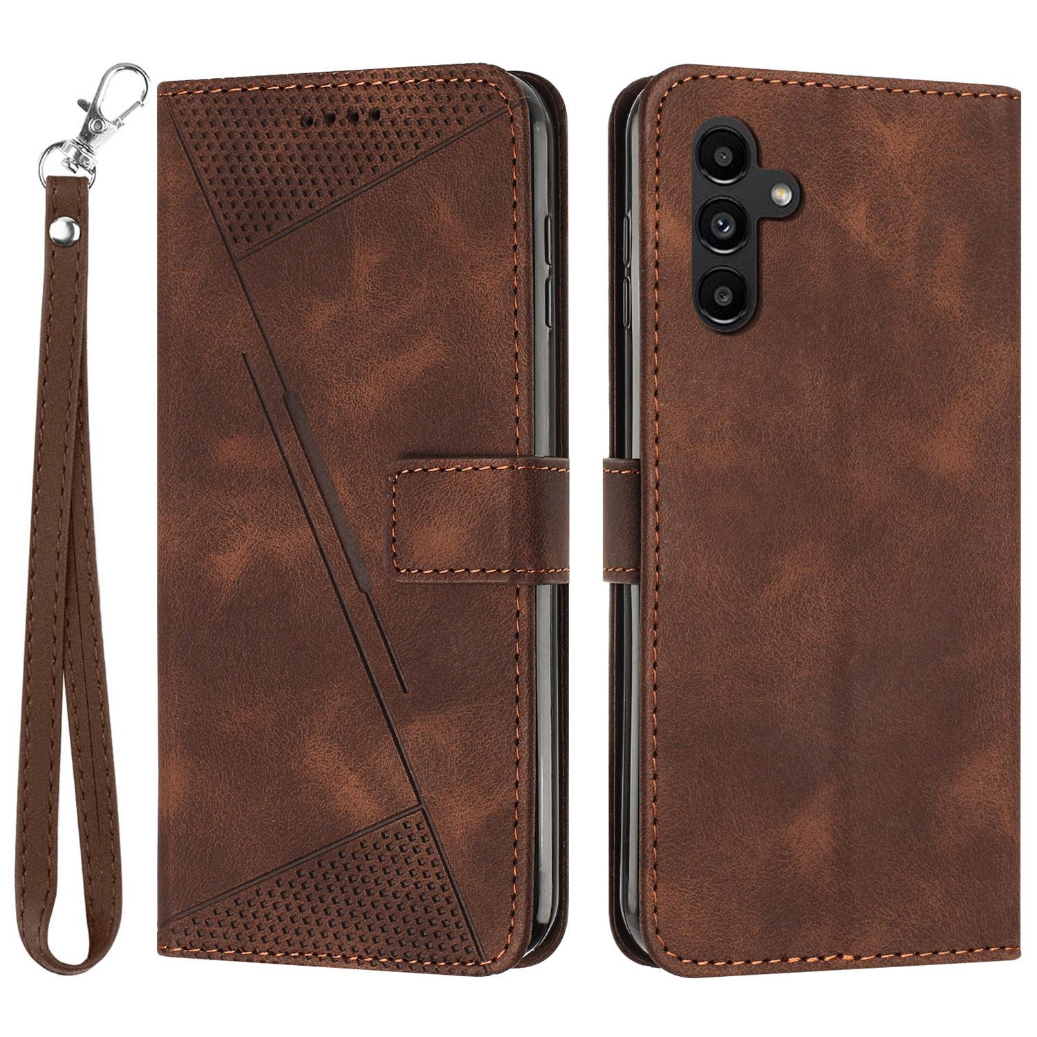 

For Samsung Galaxy M35 5G Case Triangle Pattern Leather Phone Cover with Hand Strap Card Slots Brown
