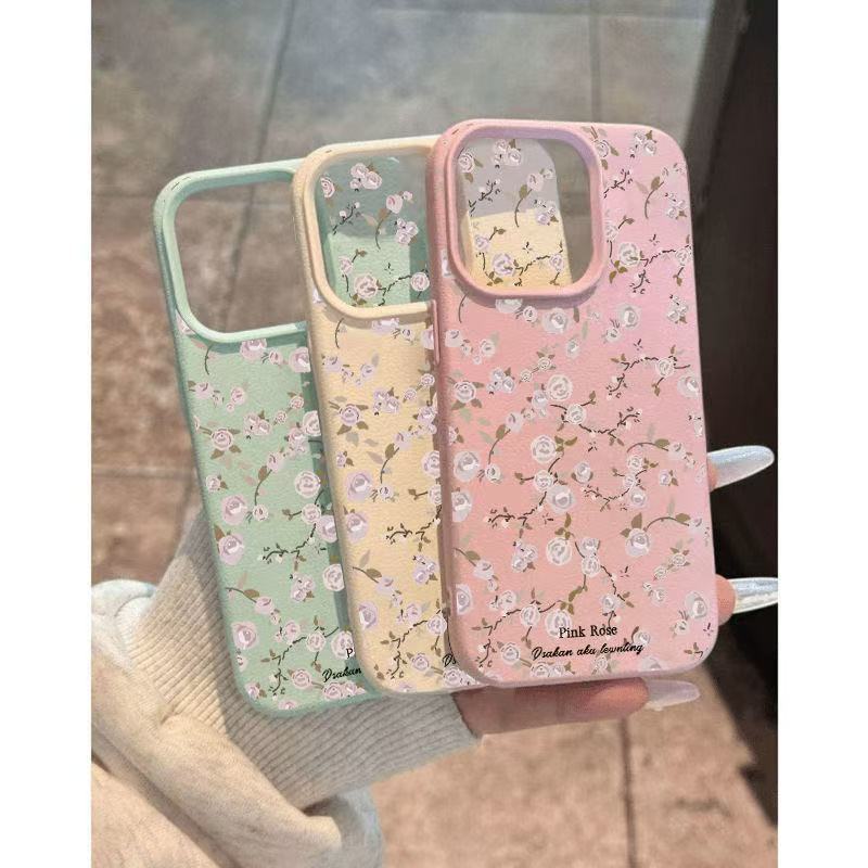 Pink small floral application Apple 17PROMAX mobile phone case 15 lychee pattern 14 cute 13 soft case 16/17