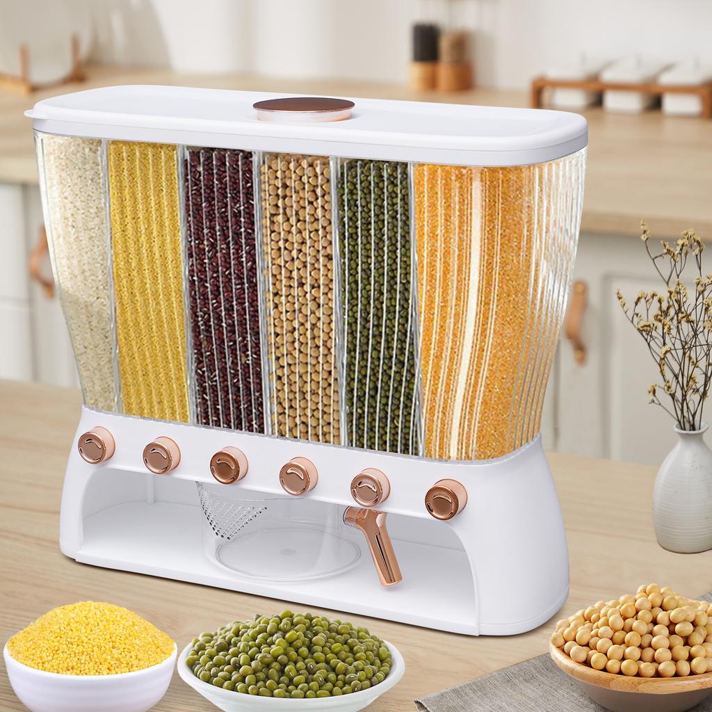 Müsli-Dispenser mit 6 Fächern - Großes Fassungsvermögen von 22,05 lbs, Verstellbare Trennwand, Transparentes Design zur Aufbewahrung von Trockenfutter