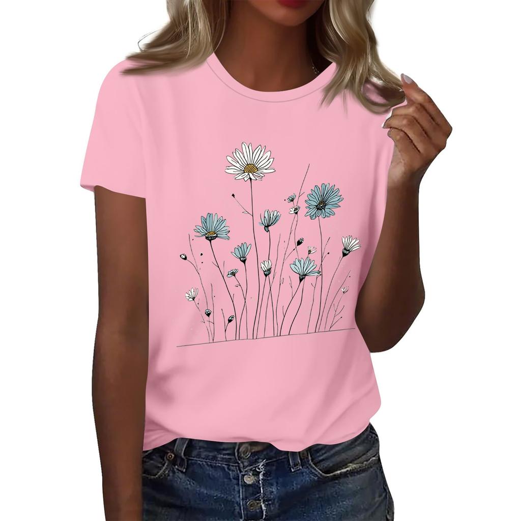Women's Fashion Casual Printed Round Neck Short Sleeved T-Shirt Top T-Shirt Top Top