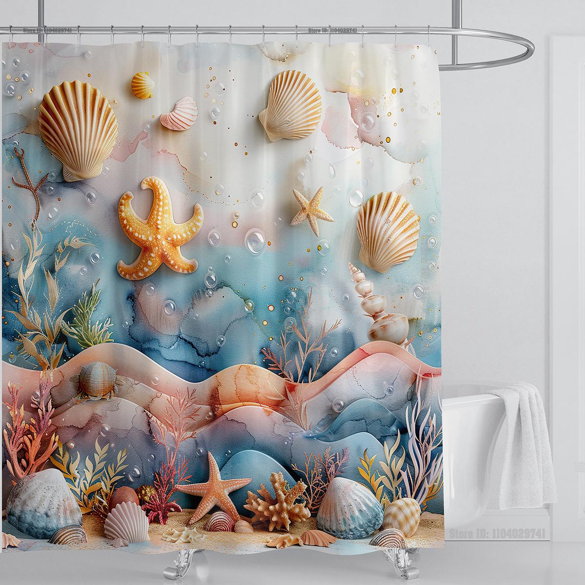 

Морская ракушка Морская звезда Шторка для душа Водонепроницаемая шторка для душа Полиэстеровая ткань 3D-принт Шторка Украшение для ванной комнаты С крючком W180xH220cm