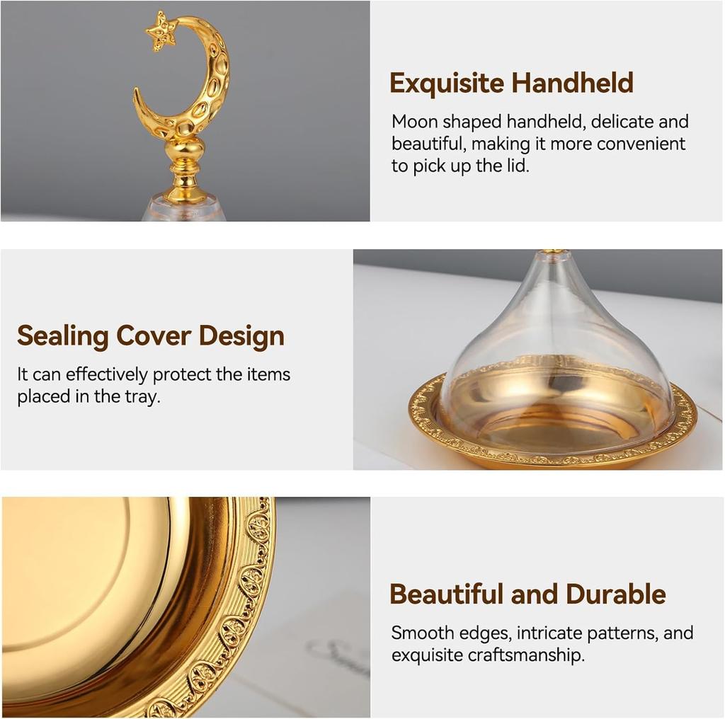 Metal Ramadan Tray with Clear Dome Lid Mini Cake Candy Tray Reusable Dessert Tray Round Food Storage Organizer for Nuts, Candies