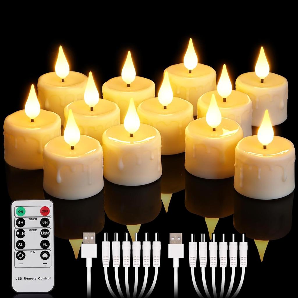 12PCS Rechargeable LED Tea Lights Candles with Remote, 3D Wick Flickering Flameless Votive Candles with 4/6H Timer, Warm White Electric Fake Candles