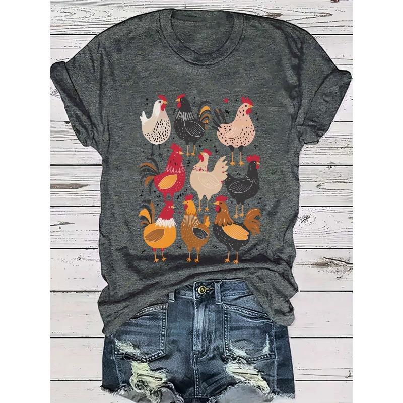 Zomerse Dames T-shirt met Kippenprint, Nauwsluitend, Ronde Hals