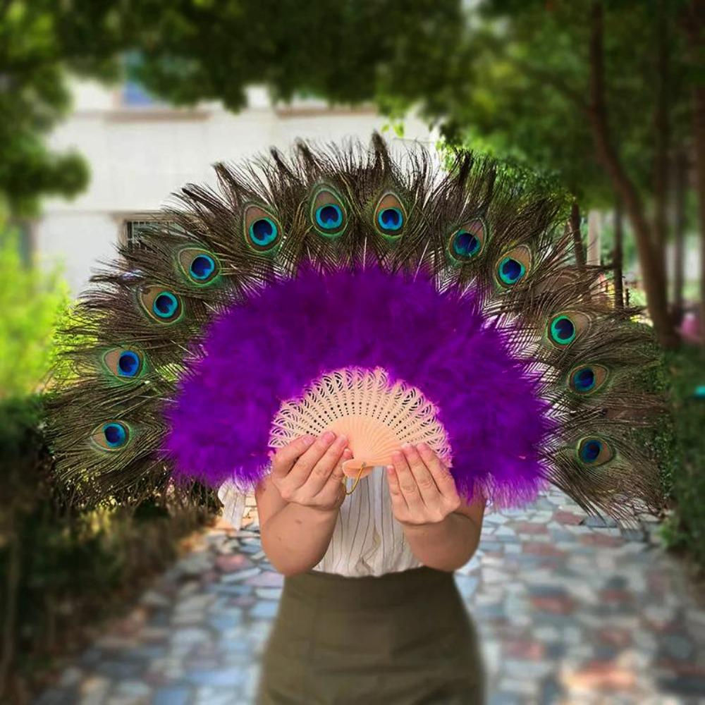 65cm Large Peacock Fur Fan 28 Bones Square Dance Performance Fan  Wedding Party Decoration