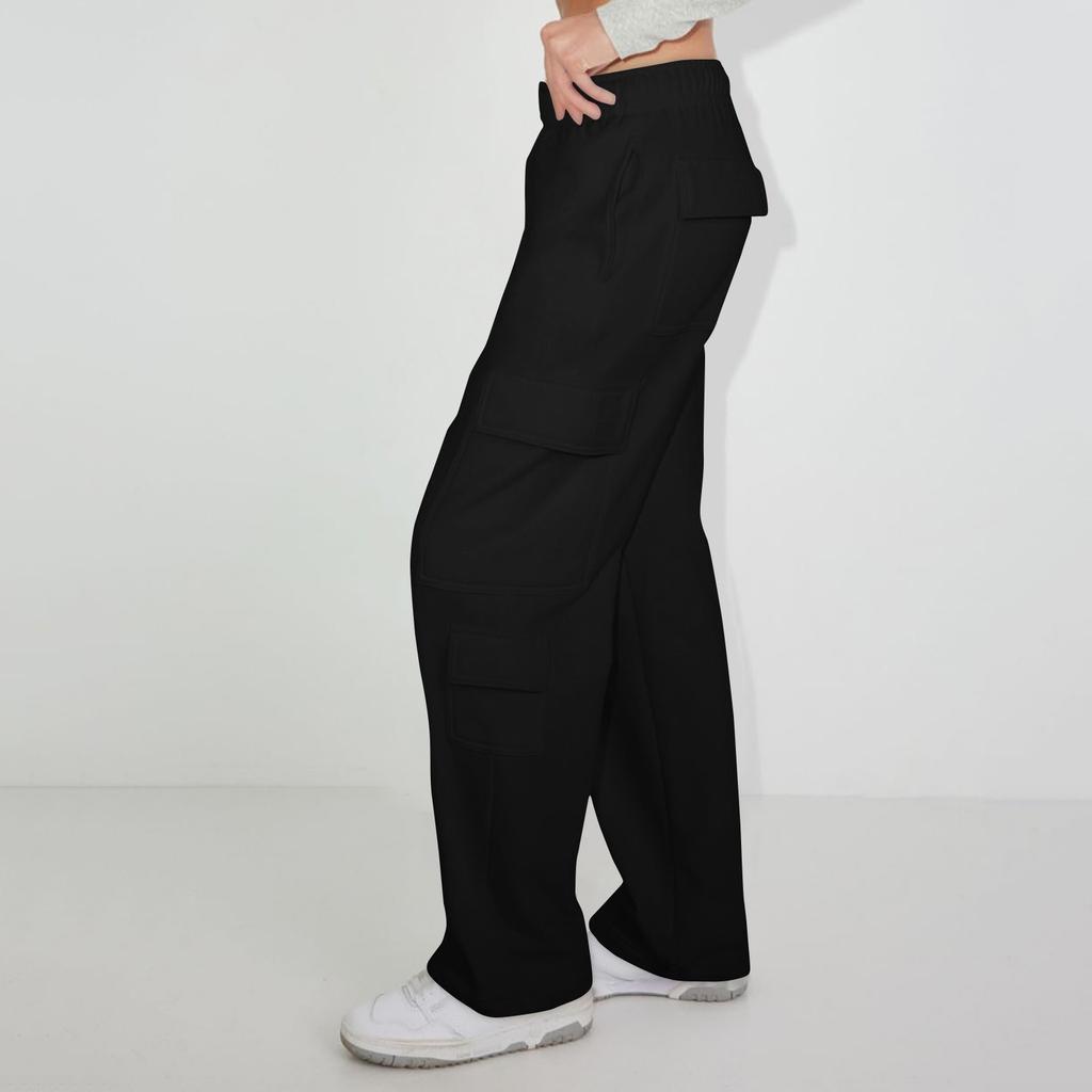 Women's Casual Fashion Solid Color Elastic Waist Drawstring Pockets Wide Leg Straight Pants
