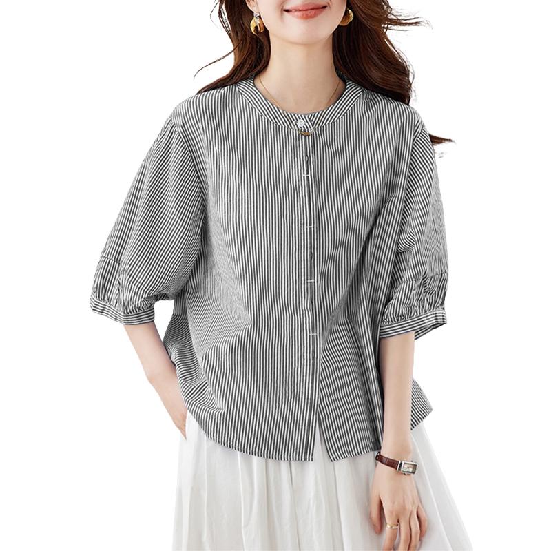 

ZANZEA Women Summer Round Neck Half Sleeve Casual Stripe Blouse 5XL чёрный