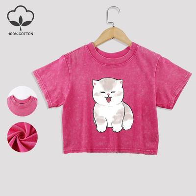 Kawaii Kot Nadruk Bawełniane Krótkie Topy Uniwersalne Letnie Koronkowe Wykończenie Płukane Koszulki Z Okrągłym Dekoltem Postarzane Krótkie Rękawy Codzienne Ubrania