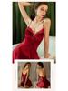 Gold Velvet Spaghetti Strap Nightgown with Chest Pads and Lace Trim - Autumn/Winter Collection