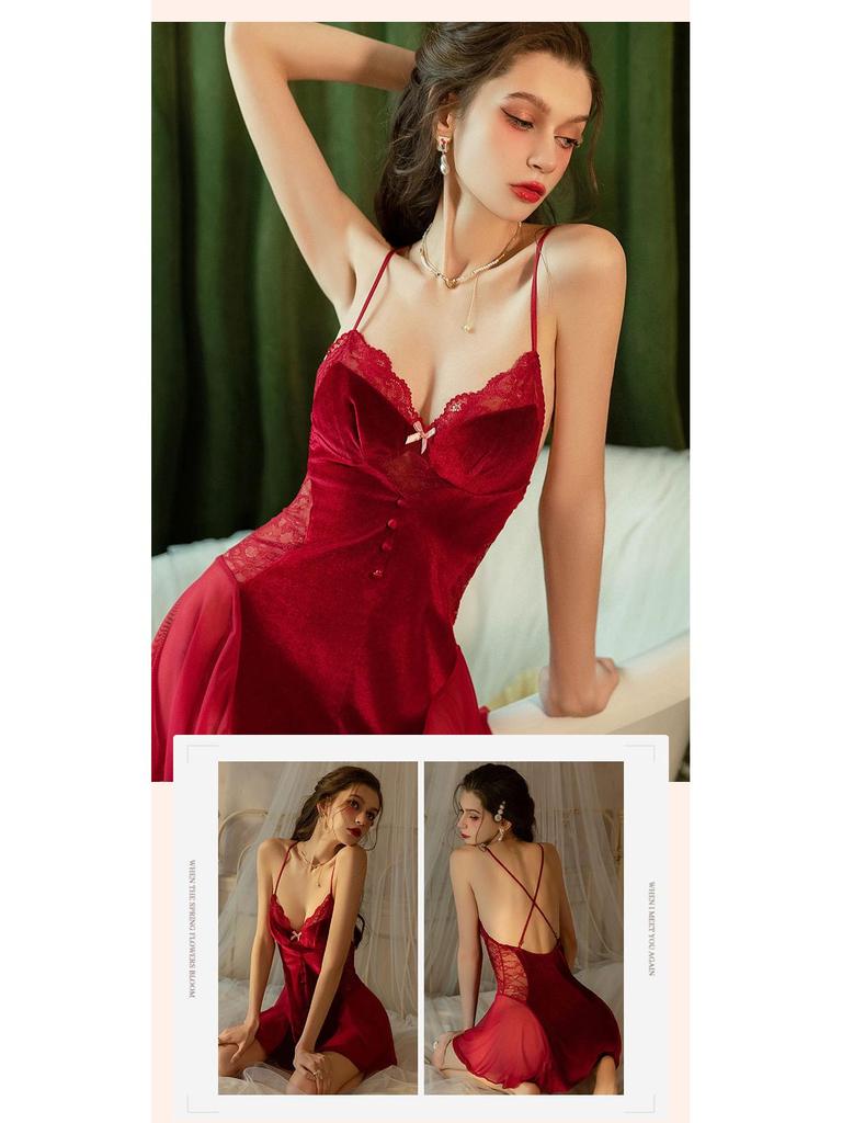 Gold Velvet Spaghetti Strap Nightgown with Chest Pads and Lace Trim - Autumn/Winter Collection