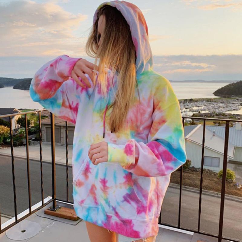 Women Hoodies Tops Tie Dye Printed Long Sleeve Drawstring Pullover Sweatshirts with Pocket