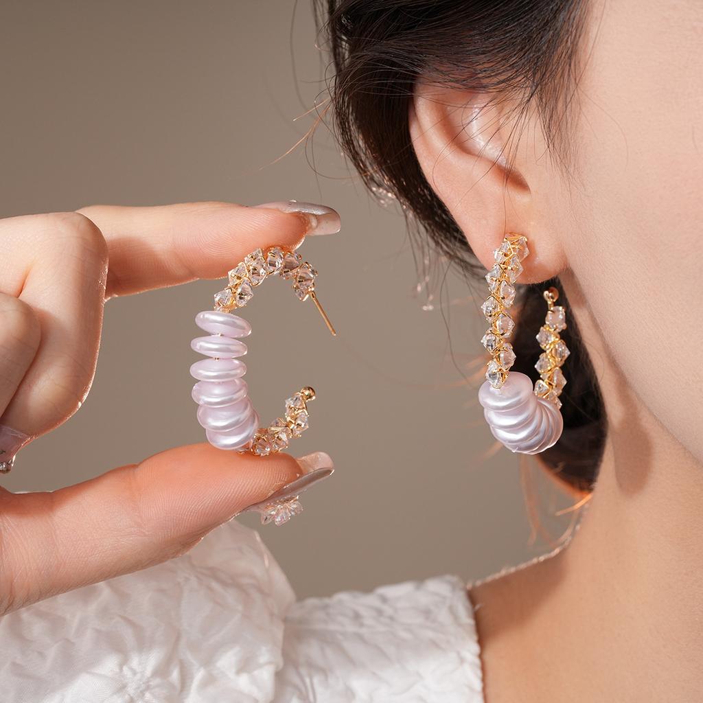18k Gold Electroplated Zircon C-shaped Pearl Earrings for Women European and American Exaggerated Hoop Earrings High-end Zircon