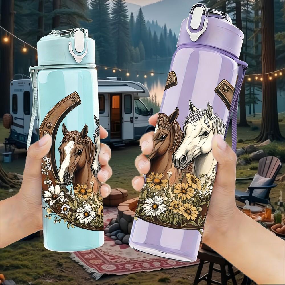 1PC Western Horse Horseshoe Pattern 750ml Color Plastic Sports Water Bottle Leakproof Flip Straw Lid Suitable for Sports Office Home Use