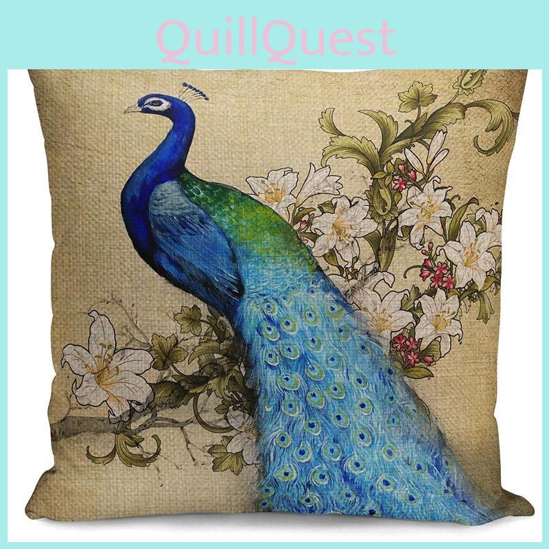 Luxuriöser Kissenbezug aus Baumwolle und Leinen mit Pfauenmuster für elegante Heimdekoration, Sofakissenbezug