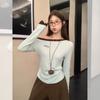 Green Spice Girl Slash Shoulder Off-Shoulder Letter Embroidered Long Sleeve Bottom Shirt Women's Autumn Folds Pinch Waist Splicing Top