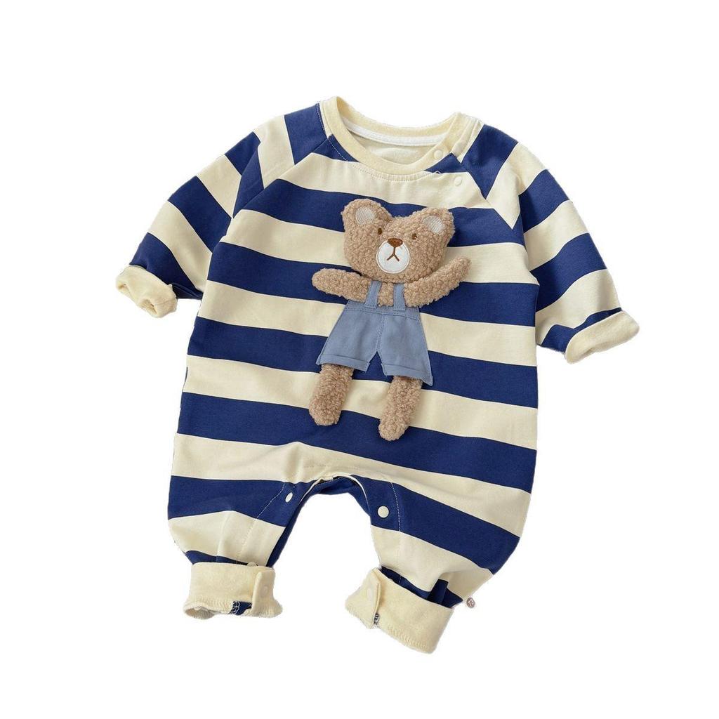 Levinjia Baby Strampler mit Streifen und kleinem Bären - Langarm-Body für Jungen und Mädchen für Frühling/Herbst