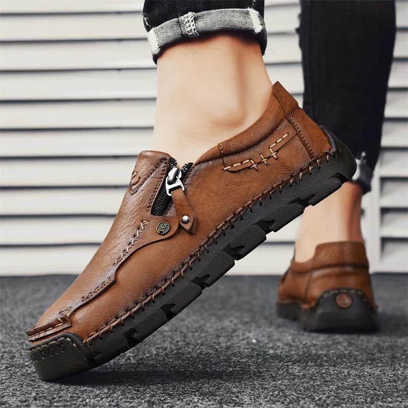 Fashion Men Shoes Hiking Treking Footwear Male Hand-stitching Breathable Leather Loafers Comfty Casual Slip-ons Loafer Man Walking Shoes