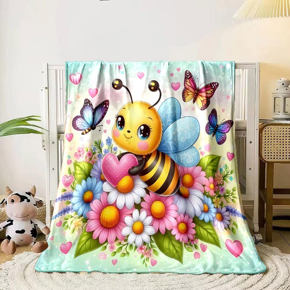 Cute Bee and Butterflies on Flowers print blanket soft and cozy perfect for the living room bed sofa or a nap,gift