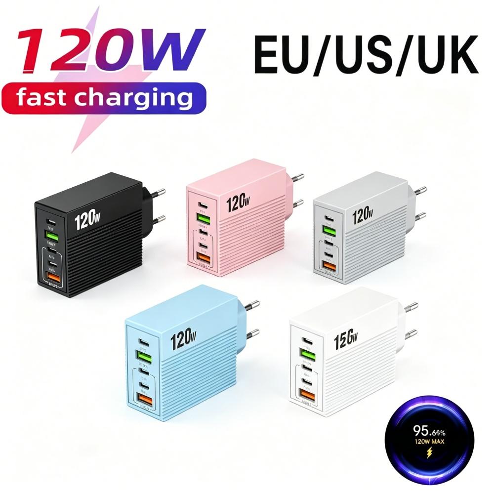 120W USB C Charger Fast Charging 5 Ports QC3.0 USB Type C Quick Chargers  For iPhone Xiaomi PD Wall Power Adapter EU/US/UK Plug