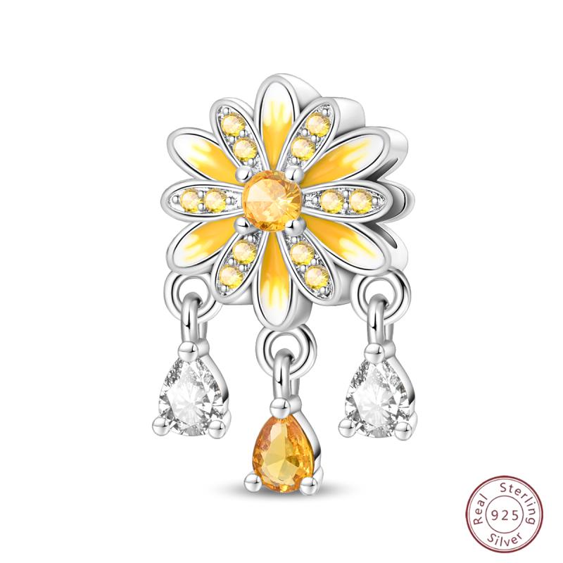 Copper Beaded Pendant Shiny Zirconia Sunflower Flower Original 3Mm Bracelet Women Fine Jewelry