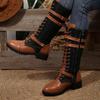 Chunky Harness Combat Boots for Women,Wide Calf Round Toe Lace Up Leather Mid Heel Boots for Fall
