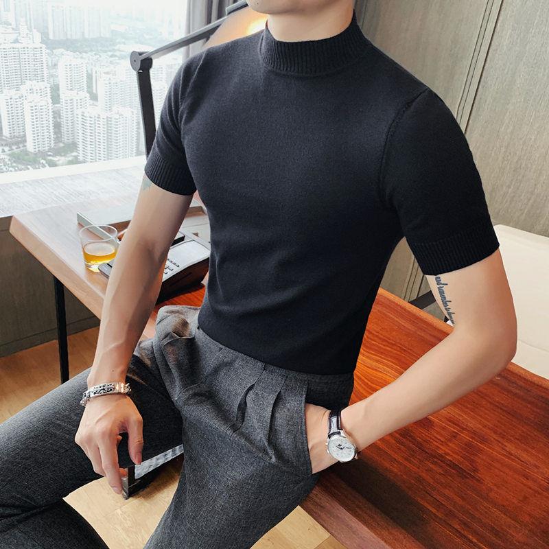 Spring Autumn New Short Sleeve Knitted T-shirts For Men Solid Color Slim Fit Tee Fashion Commuter Korean Tops Male Clothes