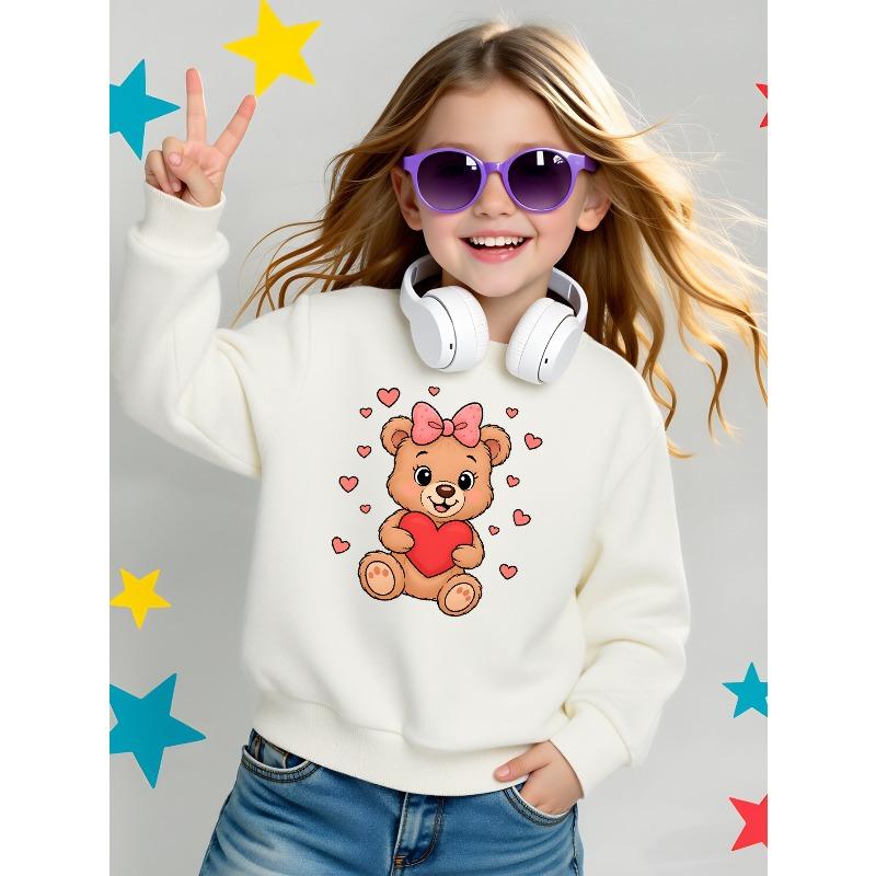 Youth Crewneck Sweatshirt Featuring a Teddy Bear with a Heart on a Pink Backdrop, Suitable for Machine Washing, Perfect for Spring And Autumn