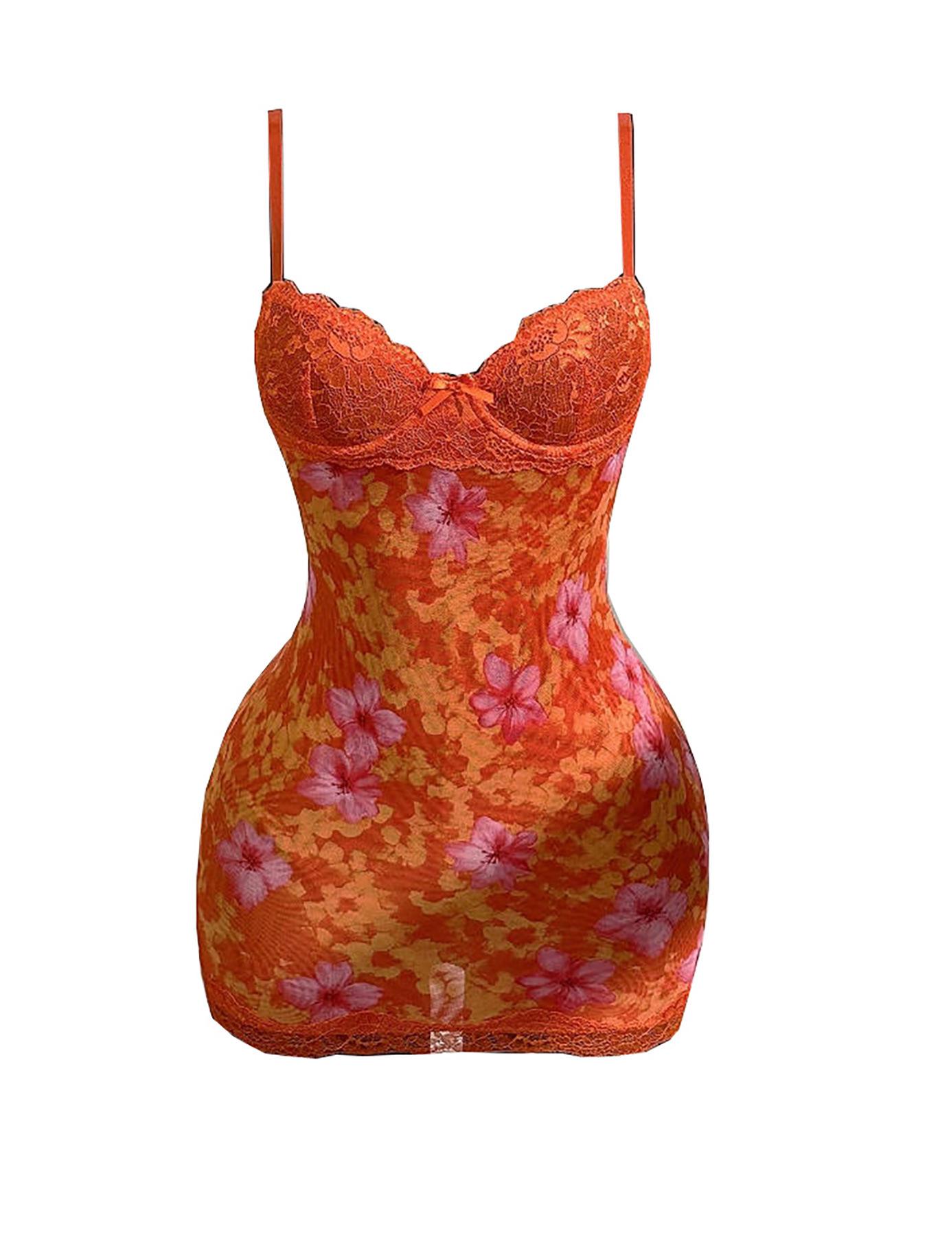 2025 Cross-border Sexy Lace Slip Dress: Waist-cinching Retro Floral Print, Backless, Hip-hugging, Ruffled Design. Small