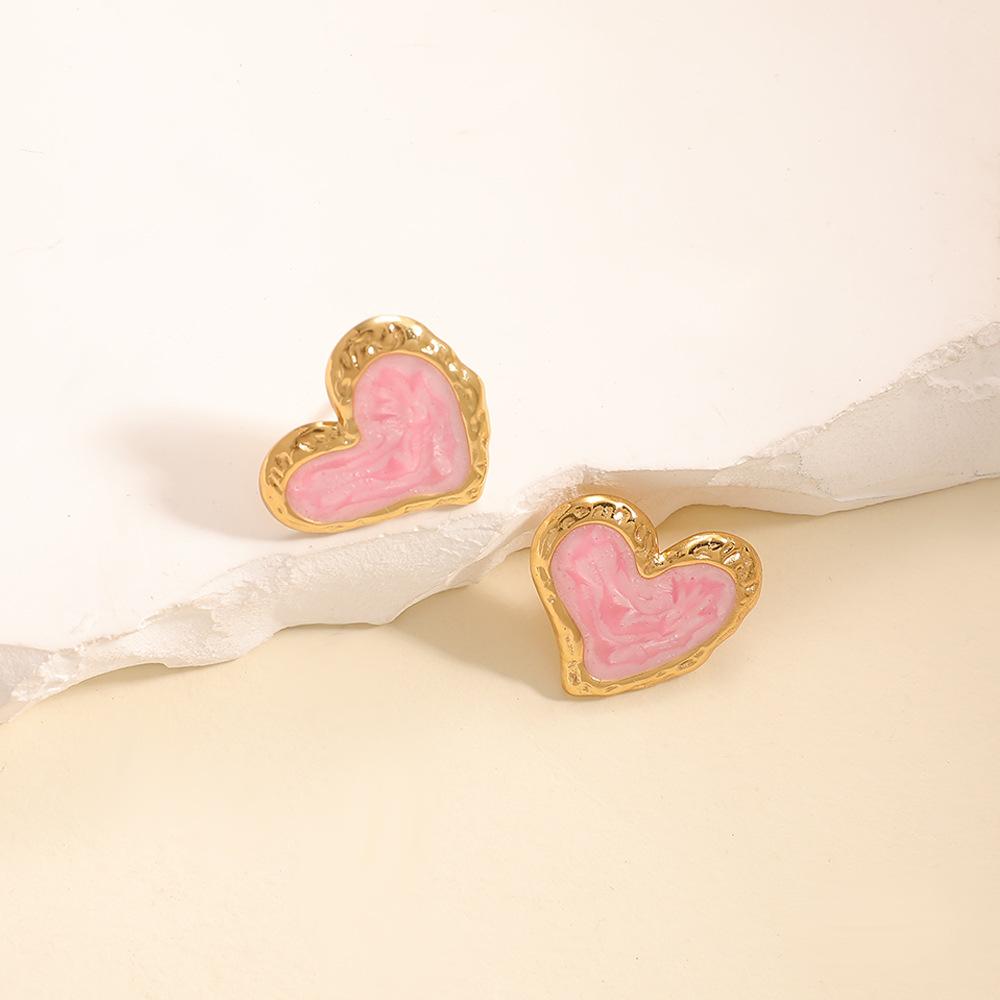 Japan and Korea simple design love stud earrings niche versatile hollow earrings stainless steel dripping oil cold wind women's earrings