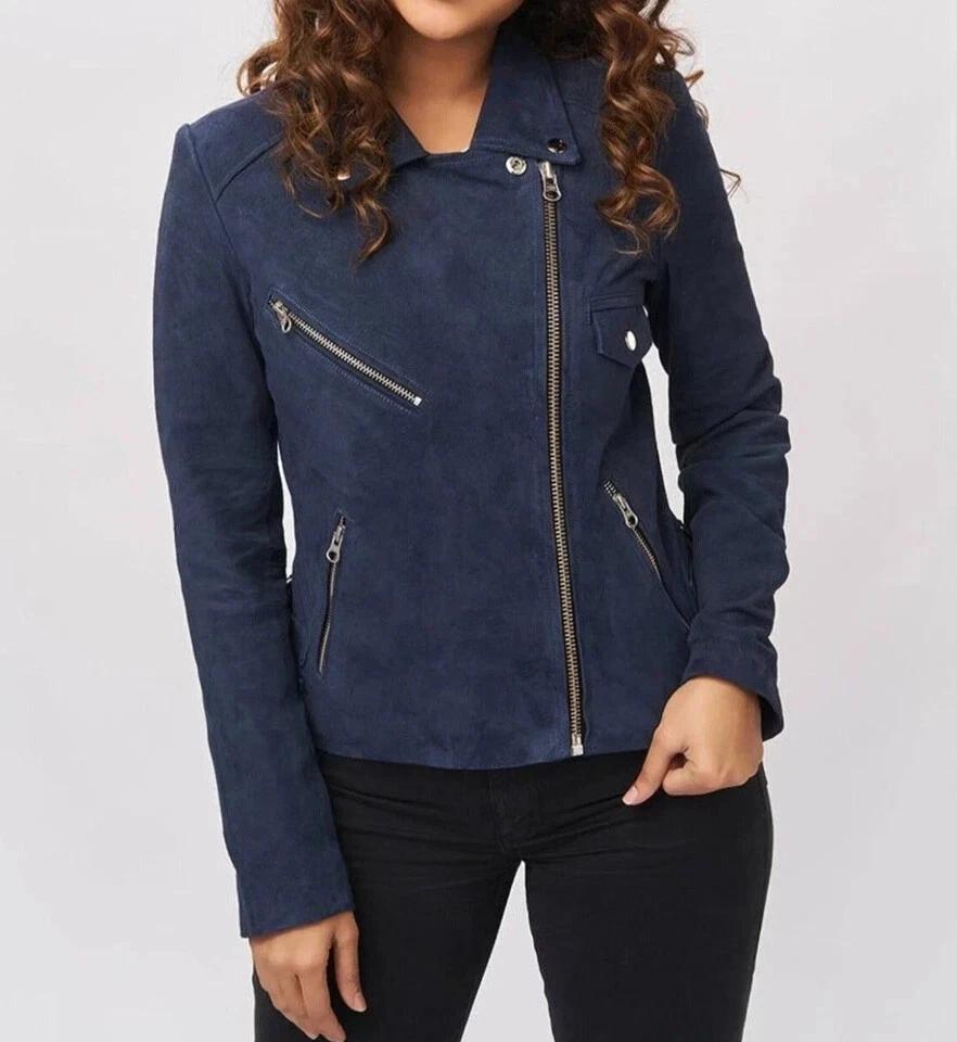 

Suede Handmade Lambskin Stylish Casual Biker Motorcycle Women Navy Blue Jacket S темно-синього кольору