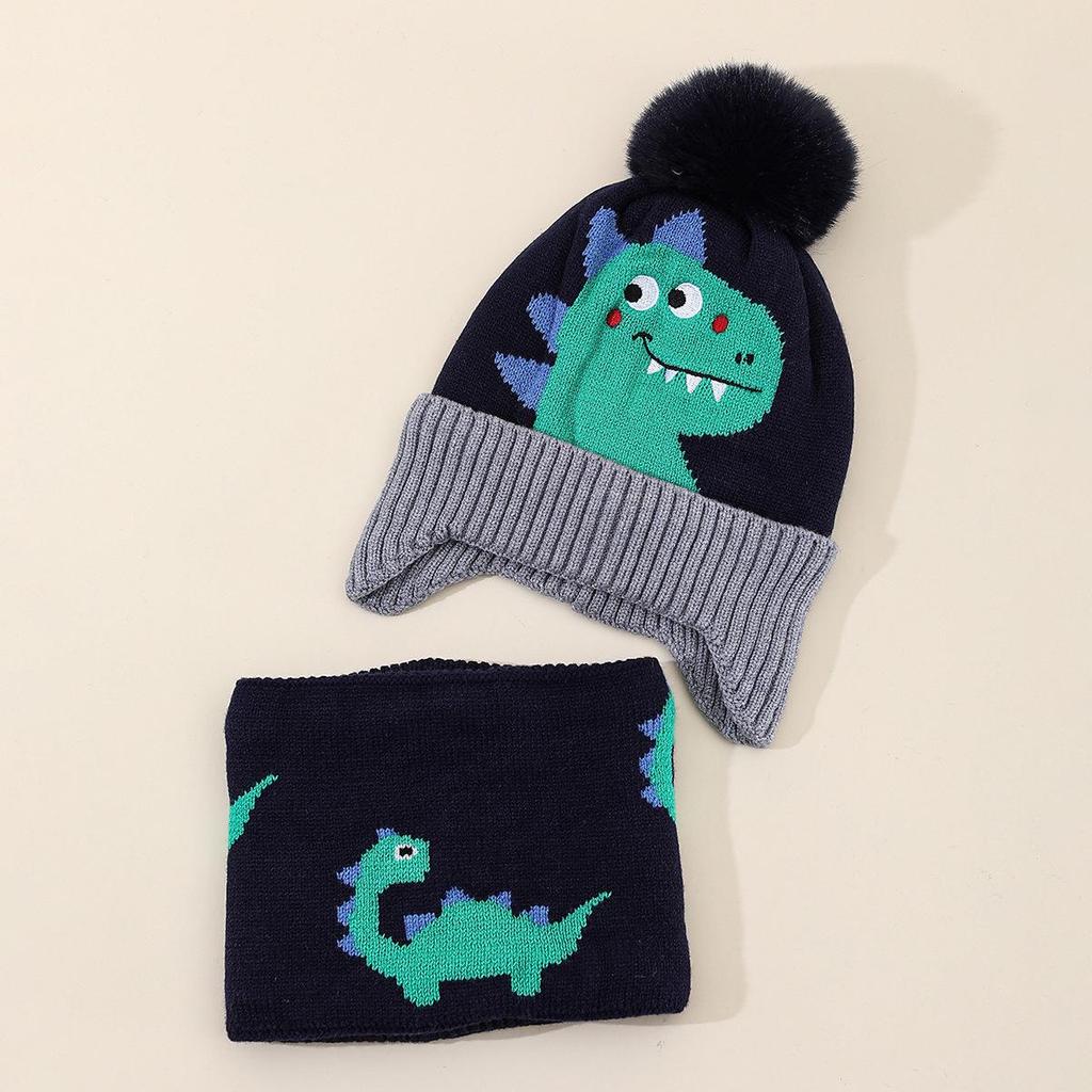 Entzückendes Dinosaurier Fleece-gefüttertes Kinder Wintermützen- & Schal-Set