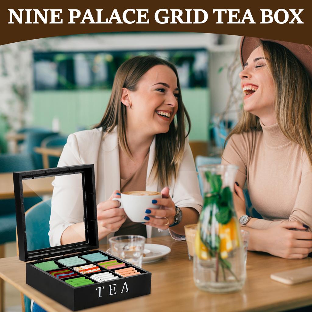 Teebeutel-Aufbewahrungsbox aus Holz mit transparentem Deckel 9 Fächer Quadratischer Behälter Schreibtisch Schmuck-Organizer Teebox Etui