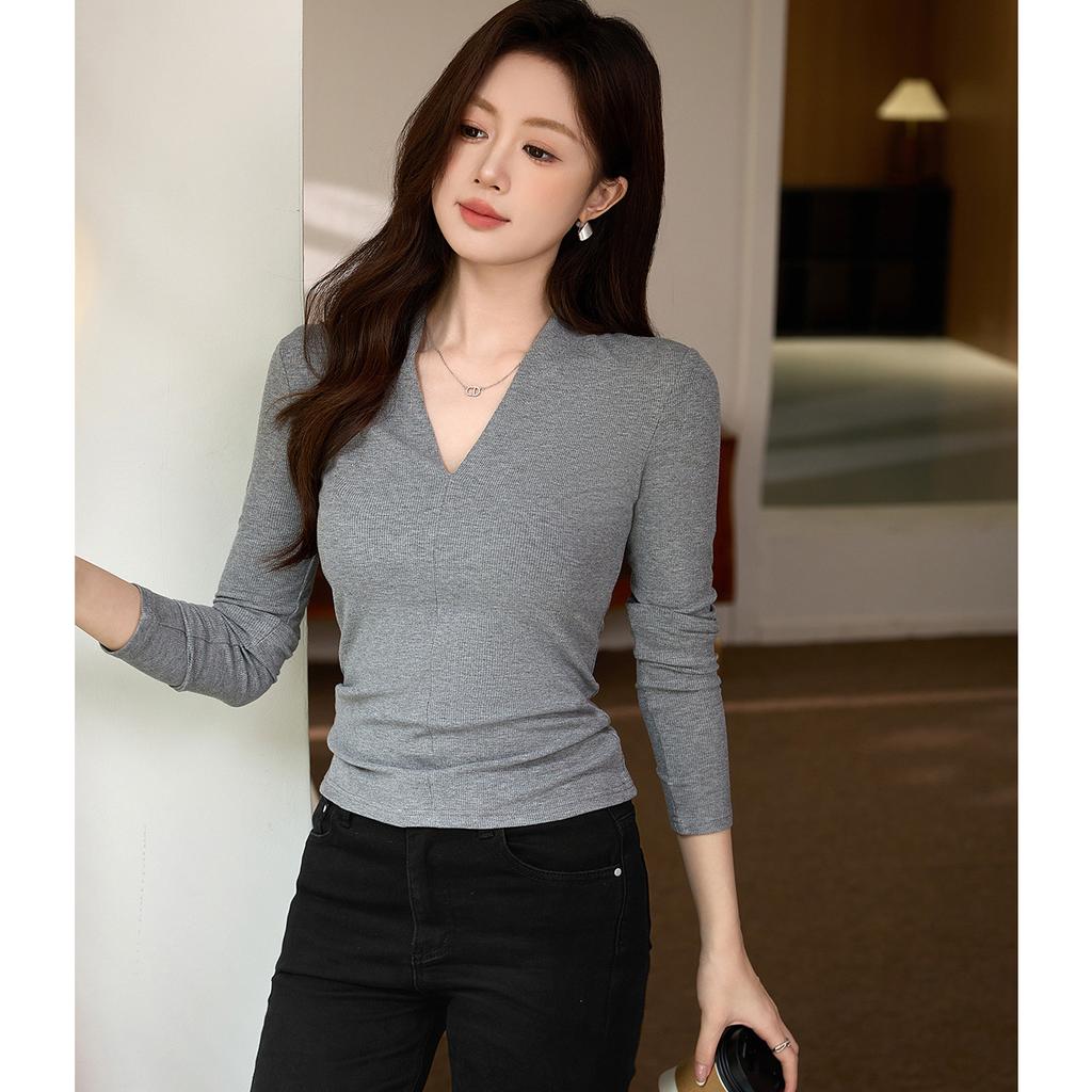 Temperament Deep V-neck T-shirt Women Long Sleeve Autumn New Slimming Slimming Bottom Shirt Top