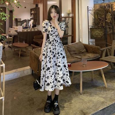 French Temperament Rose Floral Dress Women's Summer New Medium and Long Waist Thin Collarbone Skirt