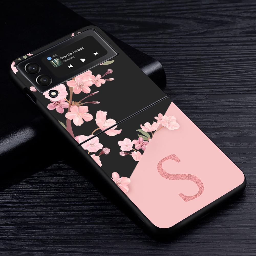 Case for Samsung Galaxy Z Flip4 Flip3 5G Black Phone Coque Z Flip 4 3 Hard PC Luxury Cover Zflip3 Cherry Blossom Pink Letter