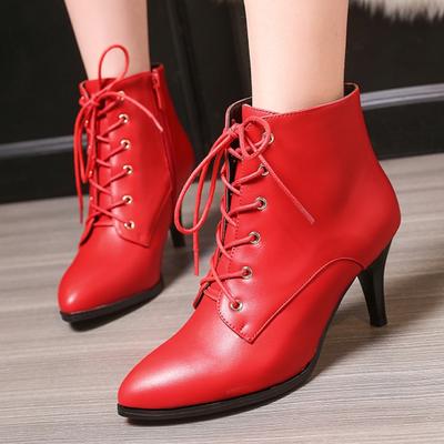 Red Short Boots Shoes Autumn Spring Women's Ankle Boot Black Point Toe Lace-up High Heels Party Dance Shoes Ladies Large Size