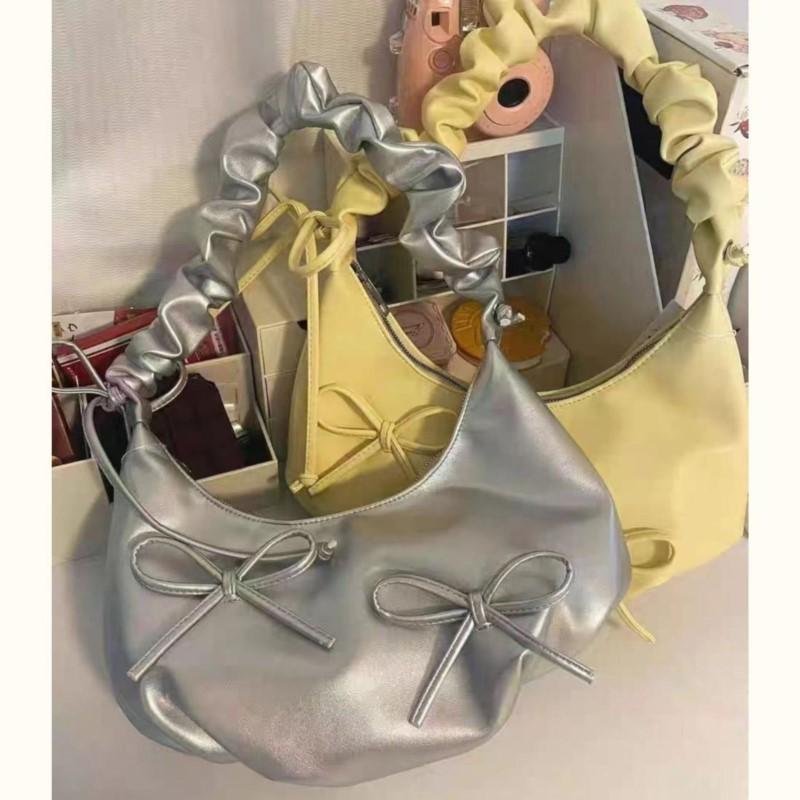 Geantă de umăr argintie cu arc pentru femei, drăguță și dulce, din piele, subraț, geantă de mână pentru femei, Harajuku, designer de lux, geantă estetică