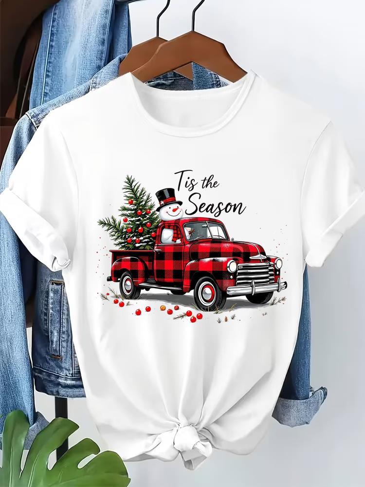 (Asian Size) tree cute style T Shirt Print Fashion Merry Christmas Women's Top Short Sleeve T-shirts O-neck Casual New Year Clothing Graphic Tee