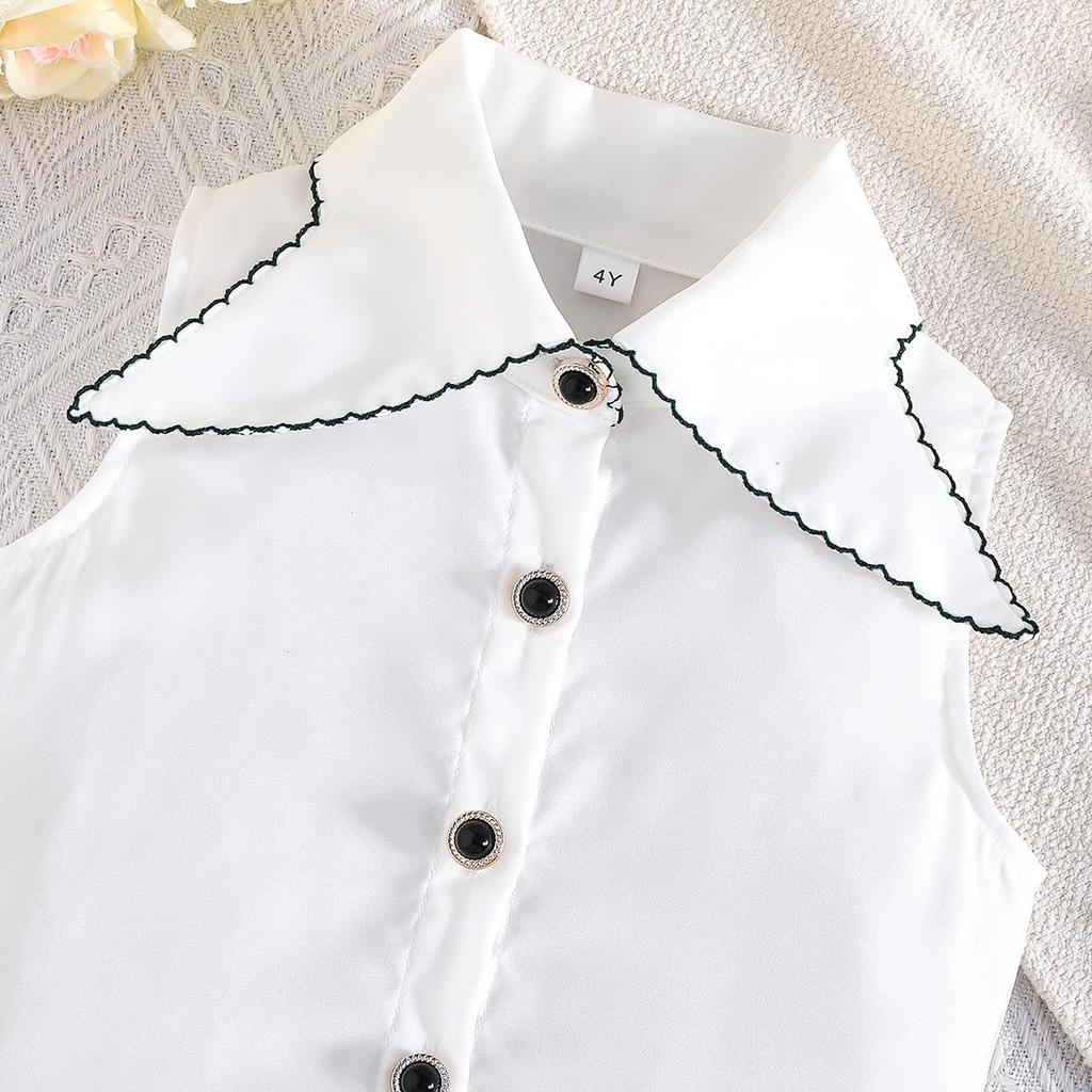 2PCS Baby Girl Sleeveless Shirt & Plaid Pleated Skirt Set, Preppy Style Casual Outf