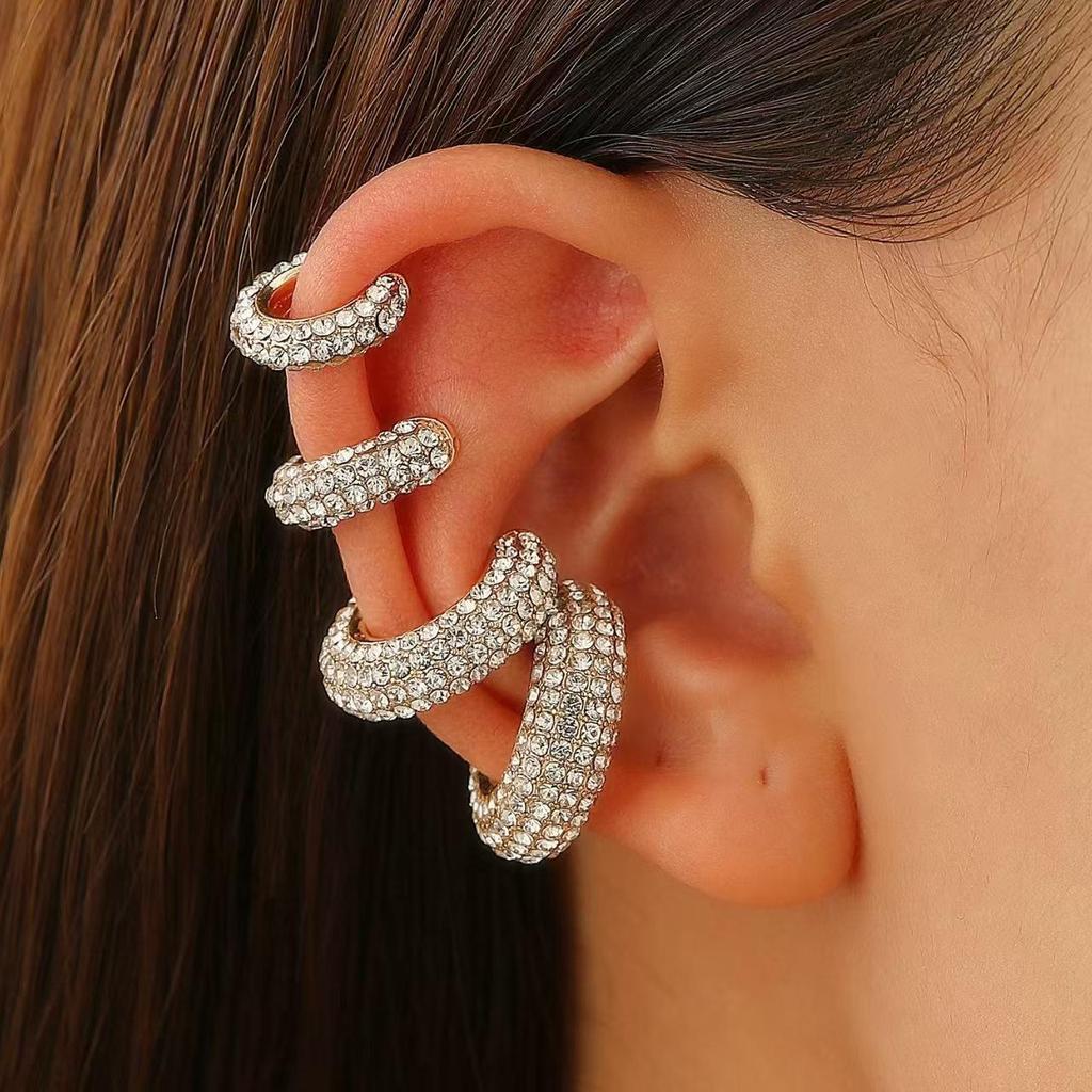 Retro Fashion C-Shaped Bling Ear Clips with Colored Diamonds - Trendy No-Pierce Earrings