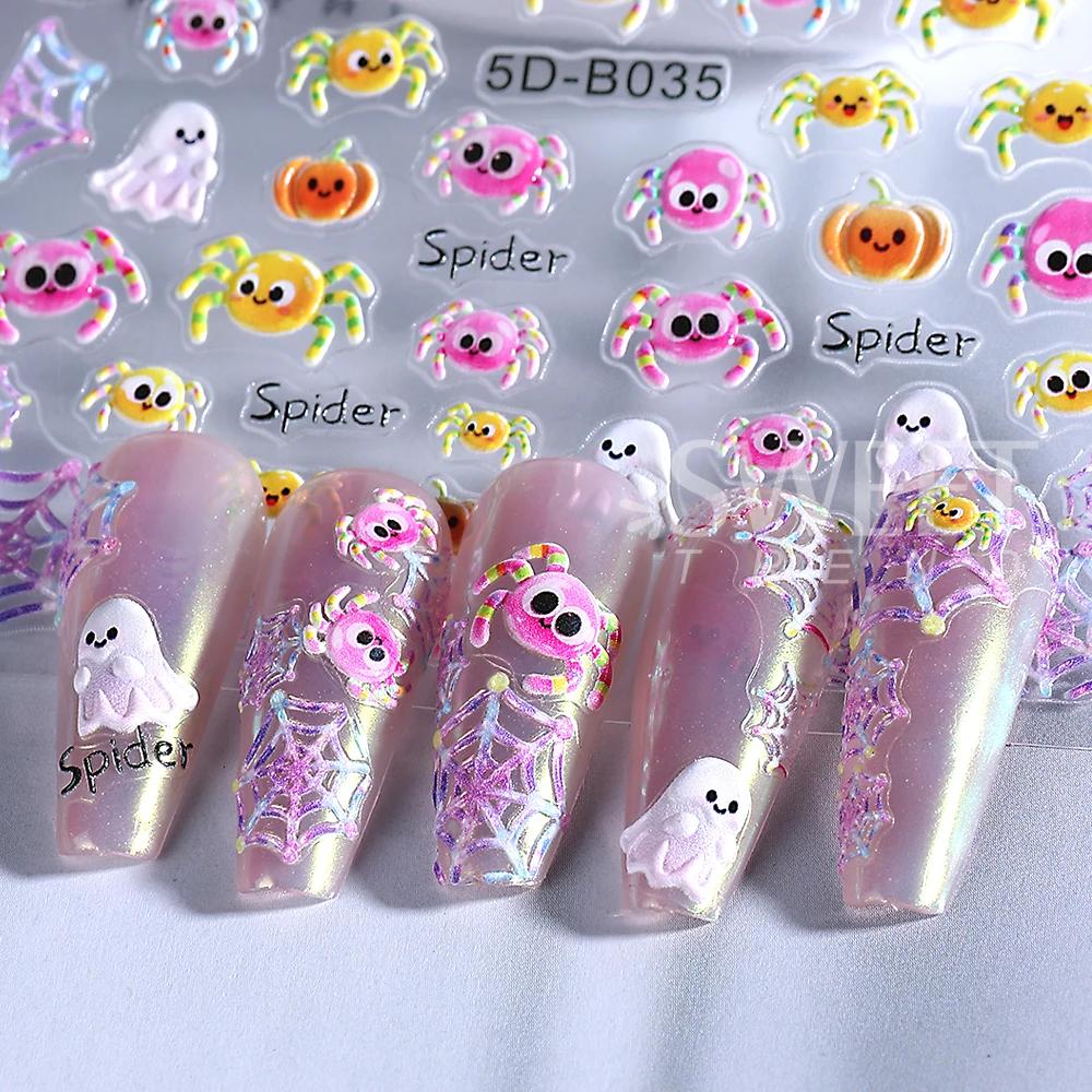 1/3pcs 5D Embossed Halloween Nail Stickers Cute Skull Pumpkin Ghost Spider Nail Silder Decals Nail Supplies Manicure Decoration