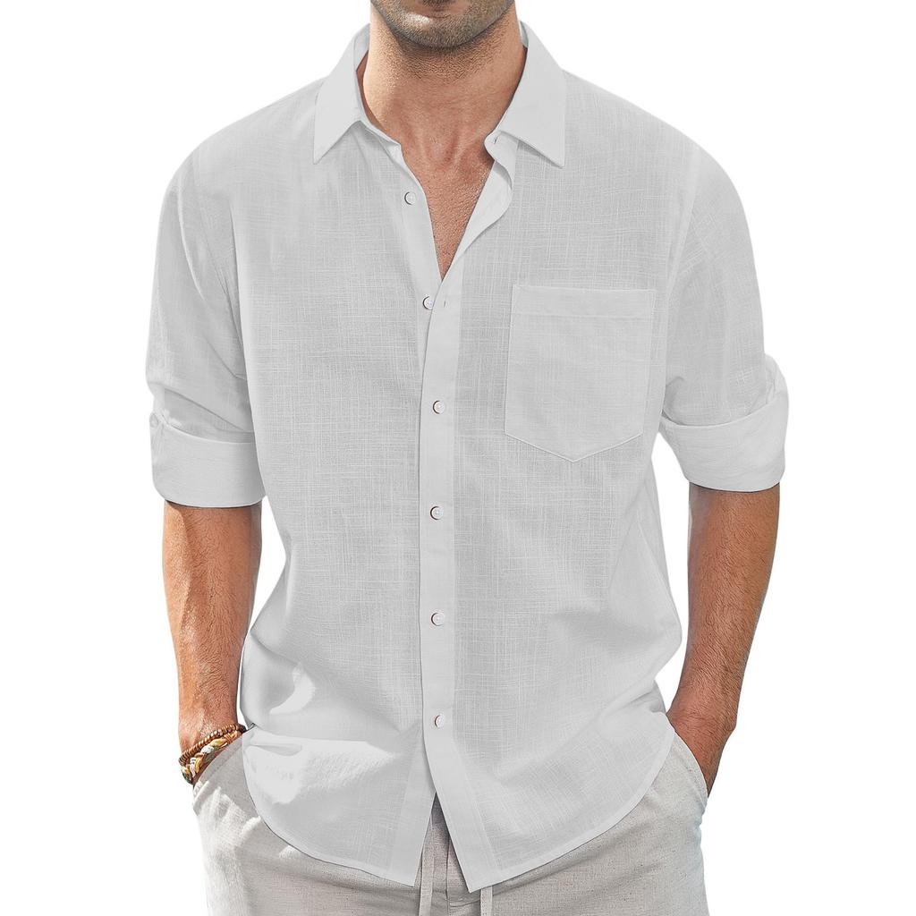 Summer Men's Collar Pocket Short Sleeved Cardigan Solid Color Shirt Top