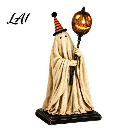 LED Pumpkin Light Vintage Ghost Figurine with Glowing Scepter Halloween Ornament Lantern Light Resin Lighted Decoration for Indoor Outdoor