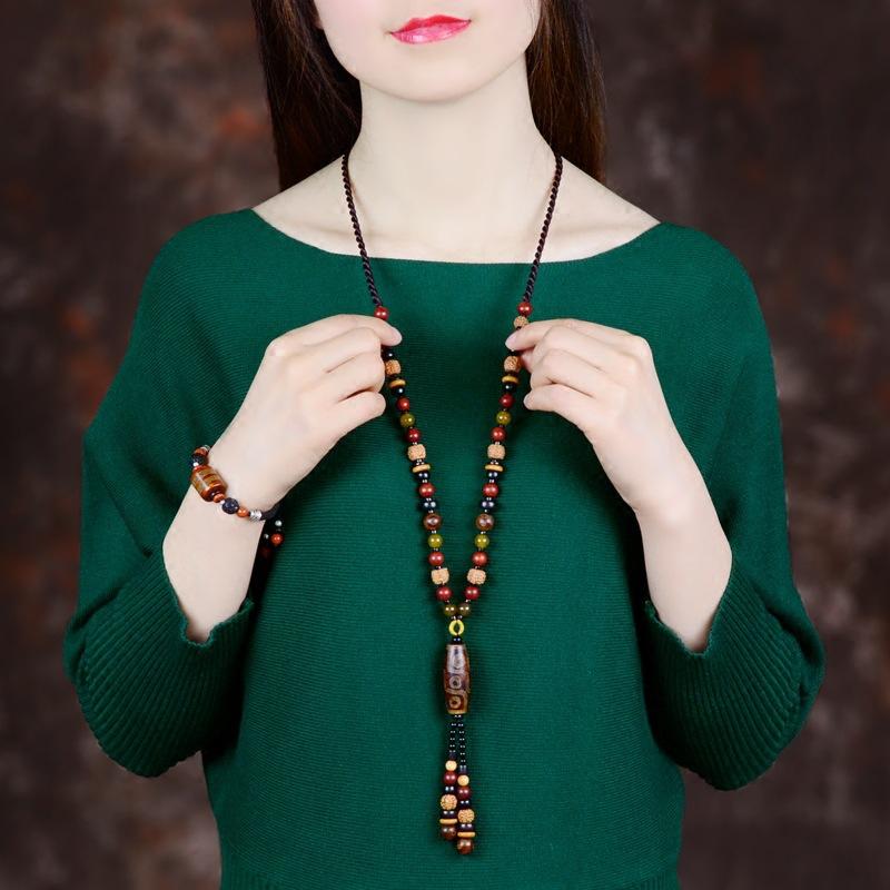 GEMCHIC Women s Ethnic Style Long Beaded Necklace Vintage Tiger Eye Stone Pendant Sweater Chain Handmade Bohemian Jewelry for Autumn Winter