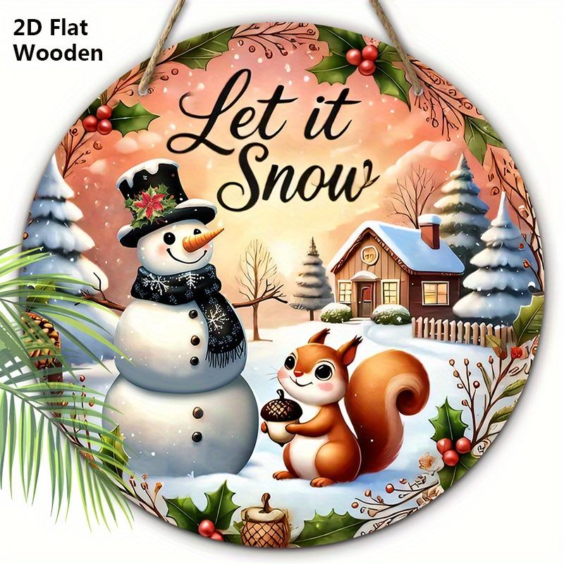 

Деревянная табличка в деревенском стиле на Рождество с очаровательным узором снеговика и белки - Круглая табличка Navidad для входной двери, настенный декор 20cm/7.87in белый